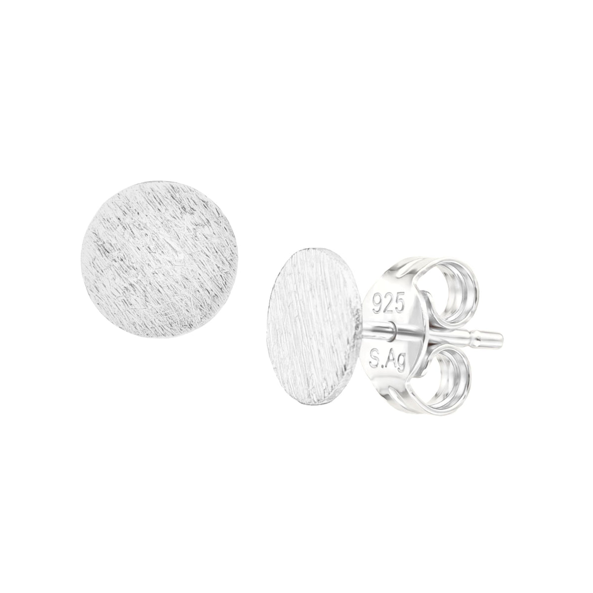 Minimalist disc stud earrings in silver with a hand-brushed finish on a white background