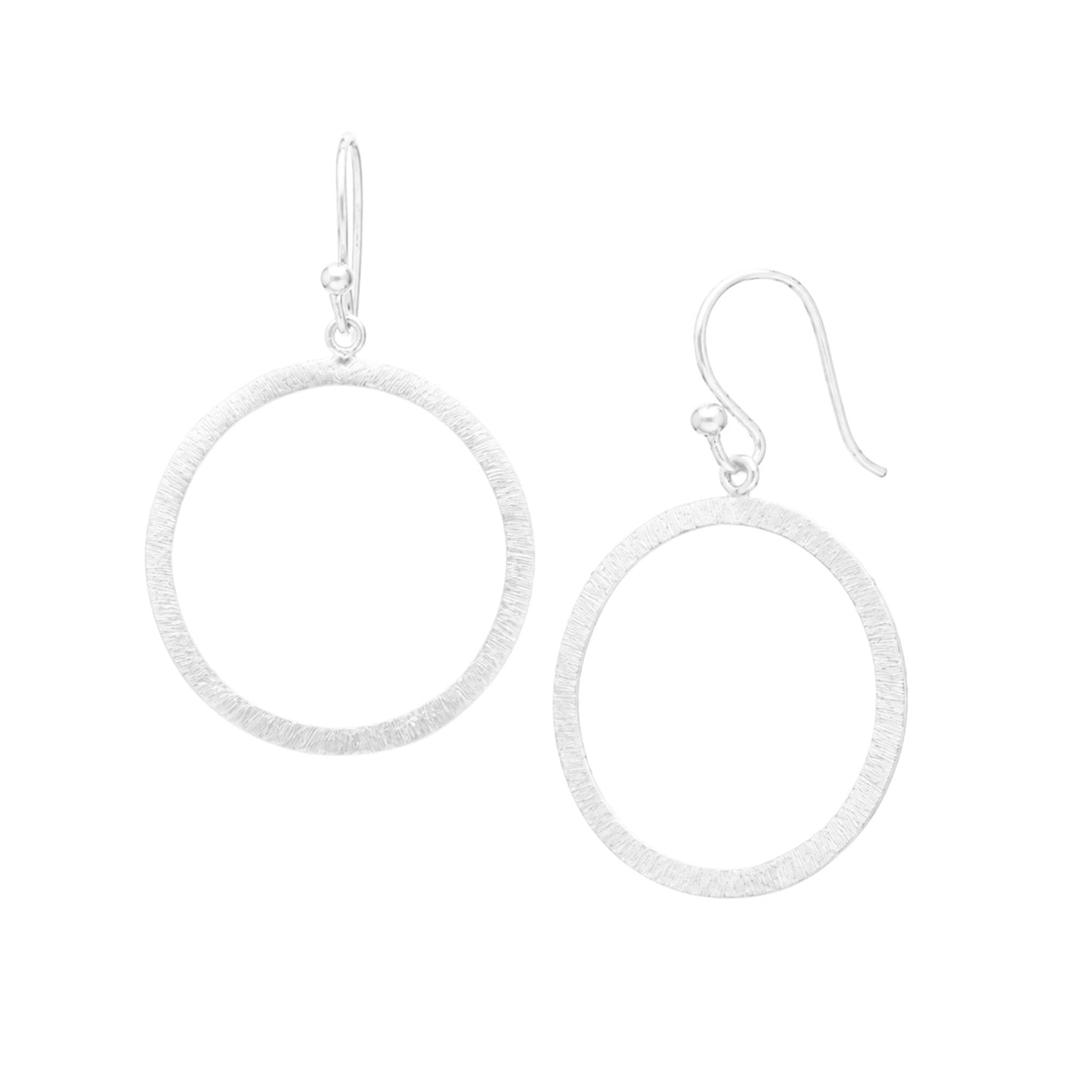 Open circle drop earrings in silver with a hand-brushed finish on a white background