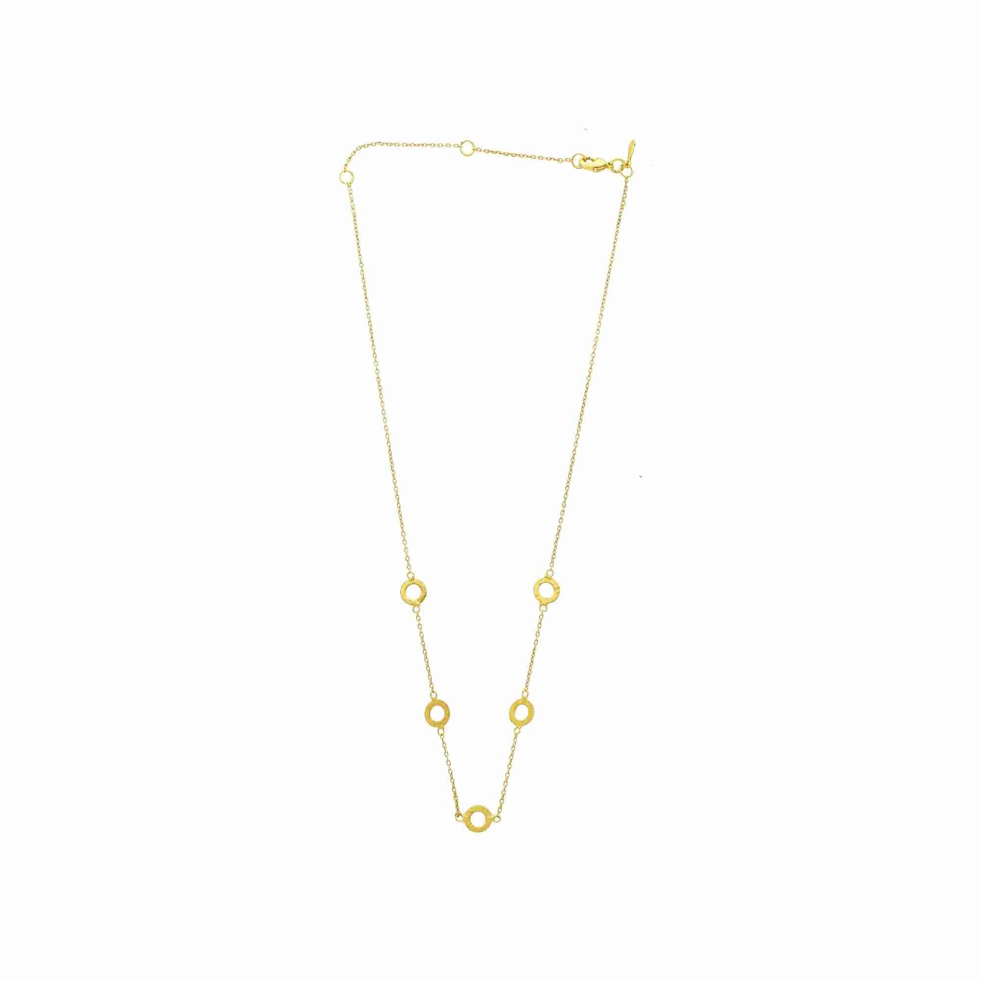 Shimmering Disks Open Circle Station Necklace Gold — five scratch-finish open circle stations on a 22K gold vermeil cable chain over 92.5 recycled silver by Protsaah Zurich.