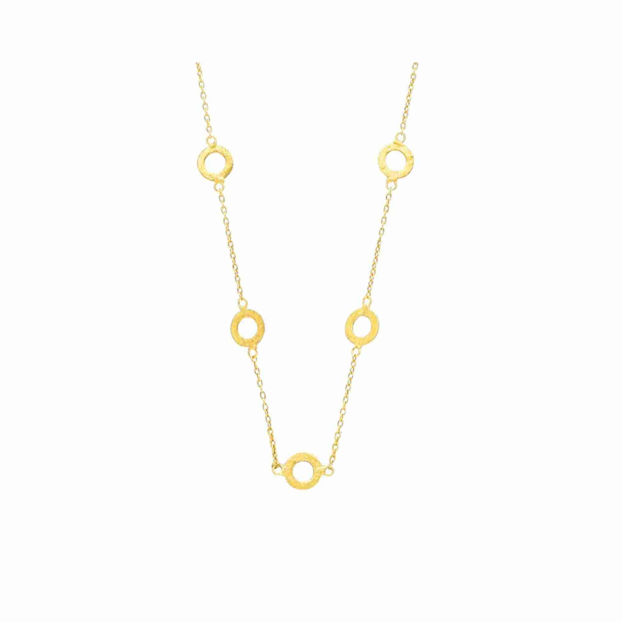 Shimmering Disks Open Circle Station Necklace Gold — five scratch-finish open circle stations on a 22K gold plated 925 Silver cable chain over 92.5 recycled silver by Protsaah Zurich.