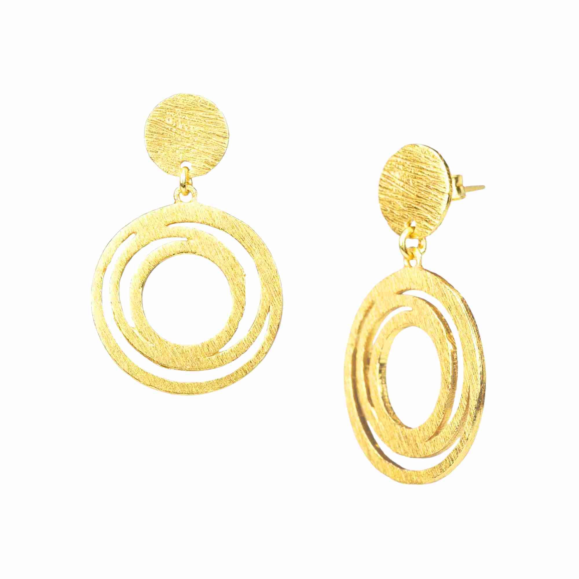 Shimmering Disks Orbital Swirl Drop Statement Earrings Gold — disc stud crown with triple orbital swirl drop in 22K gold plated 925 Silver over 92.5 recycled silver by Protsaah Zurich.
