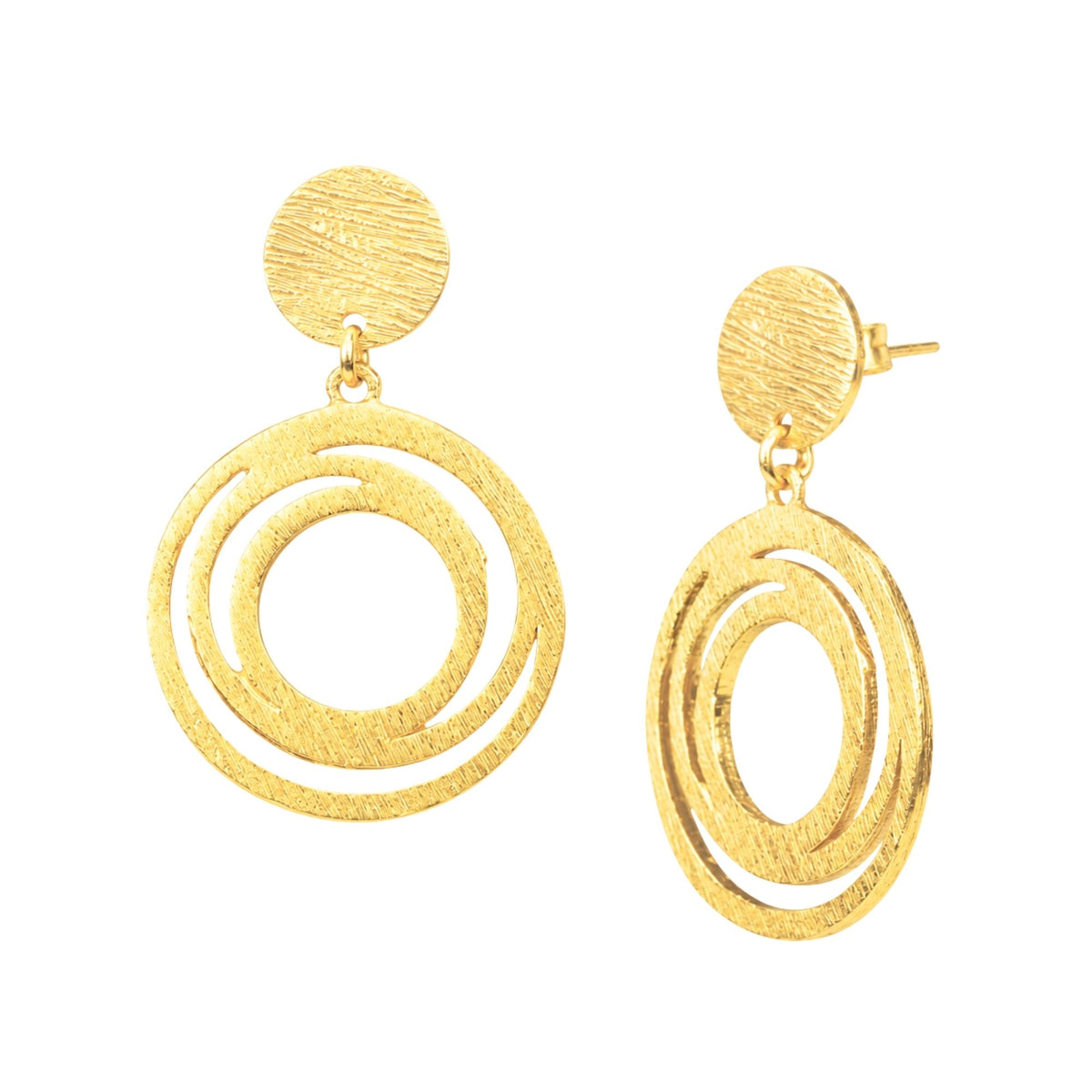 Orbital Spiral Drop statement earrings in gold with a hand-brushed finish on a white background