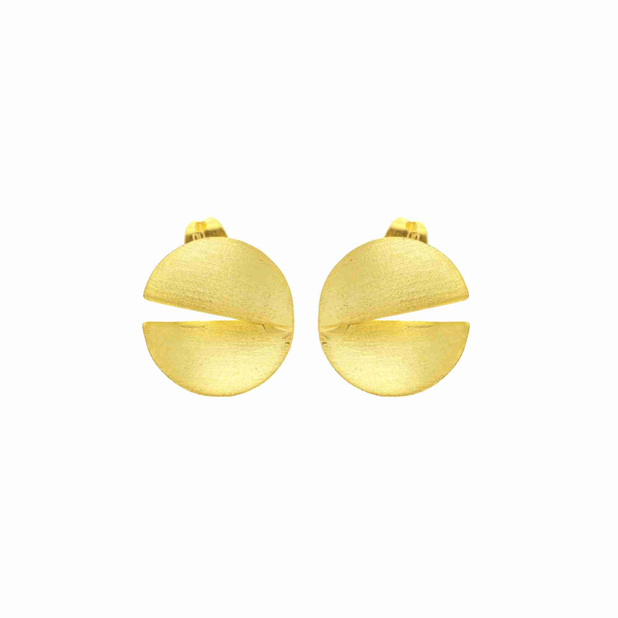 Shimmering Disks Sculptural Disc Gold Studs; a pair of circular earrings with a unique 3D fold and a signature brushed-satin 22k gold finish.