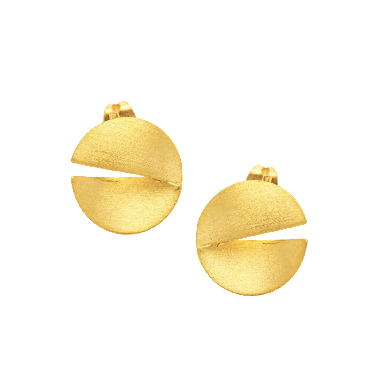 Sculptural split-disc stud earrings in gold with a hand-brushed finish on a white background