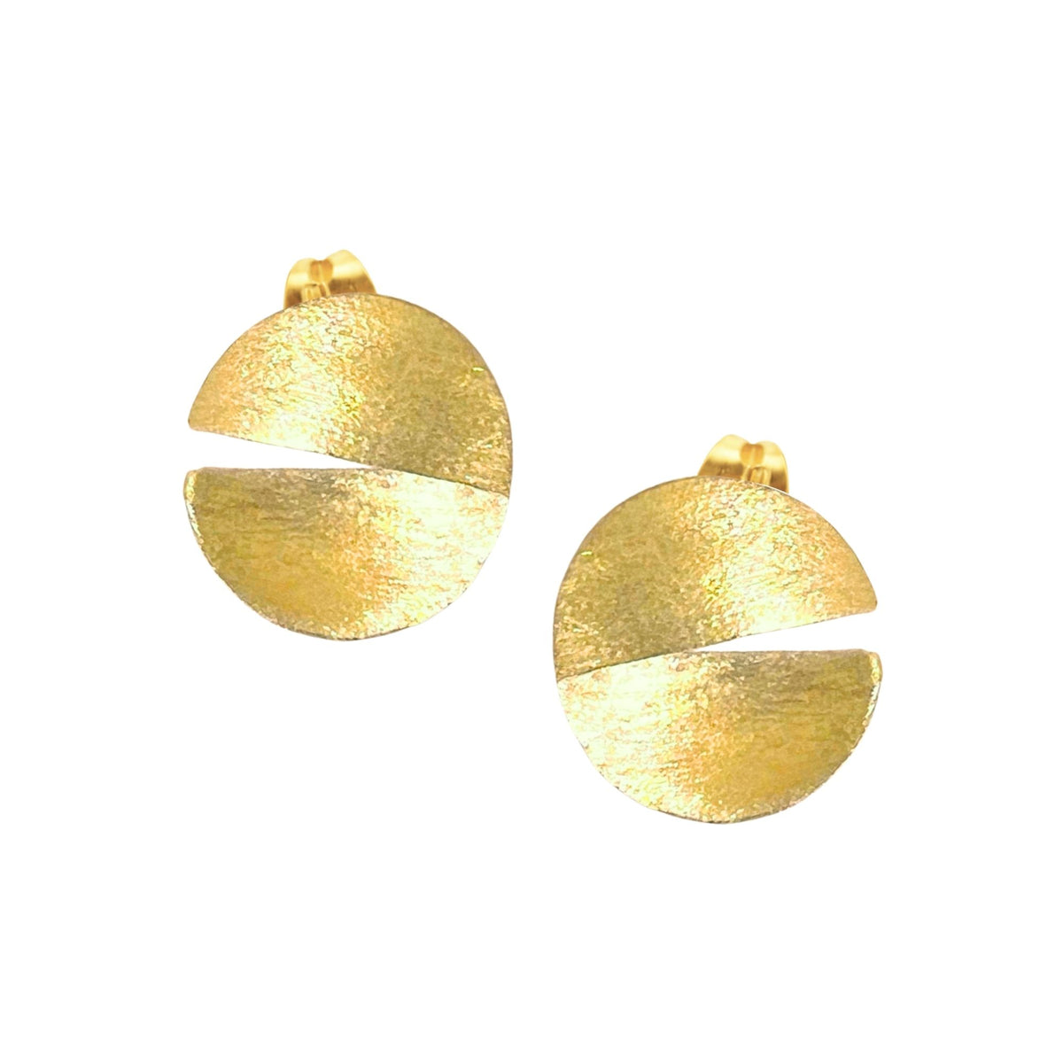 Sculptural split-disc stud earrings in gold with a hand-brushed finish on a white background