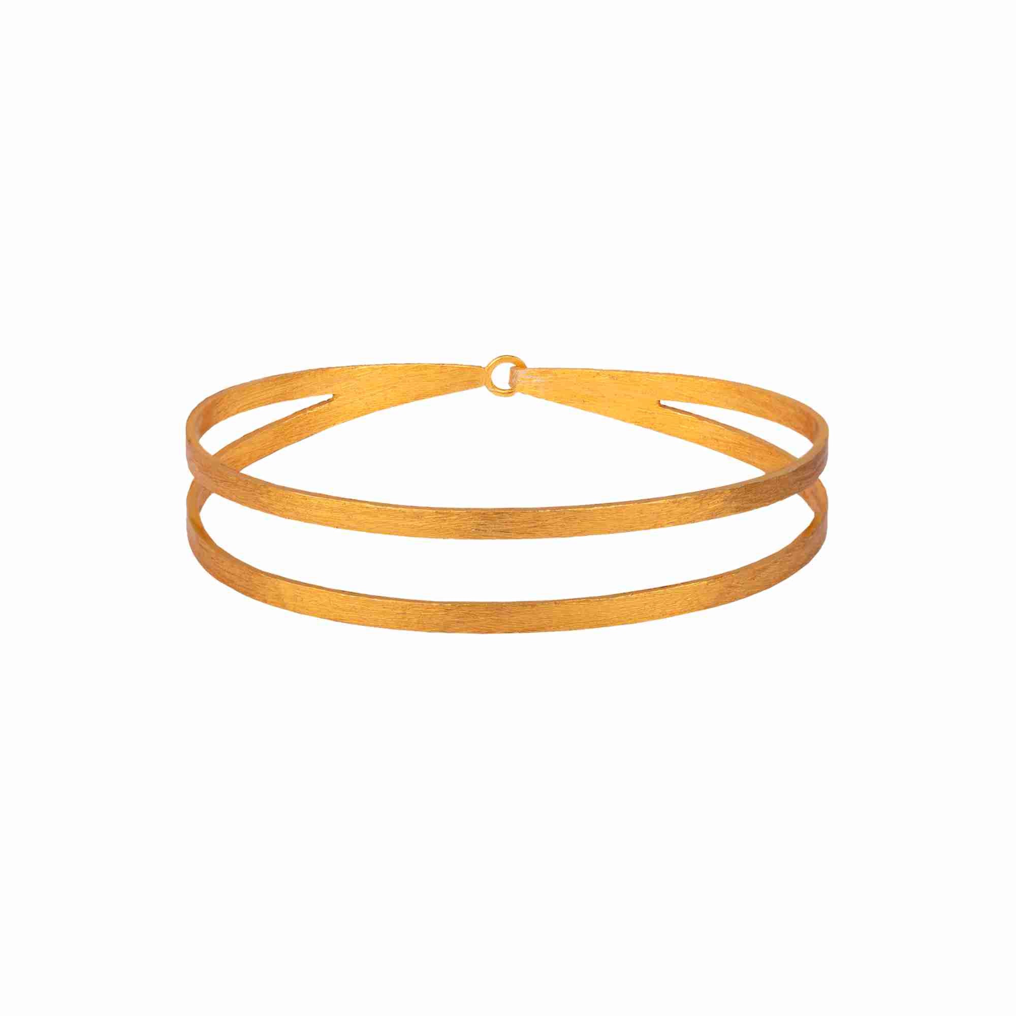 Shimmering Disks Gold Cuff; architectural sculptural flat-band double cuff design with a signature brushed-satin finish over 92.5 recycled silver.