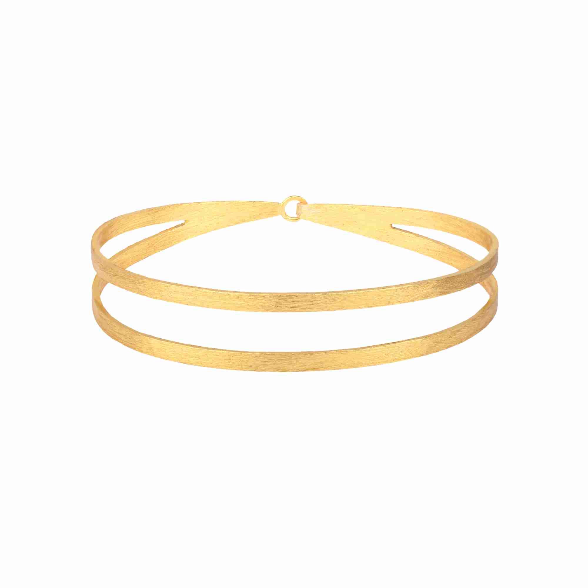 Shimmering Disks Gold Cuff; architectural sculptural flat-band double cuff design with a signature brushed-satin finish over 92.5 recycled silver.