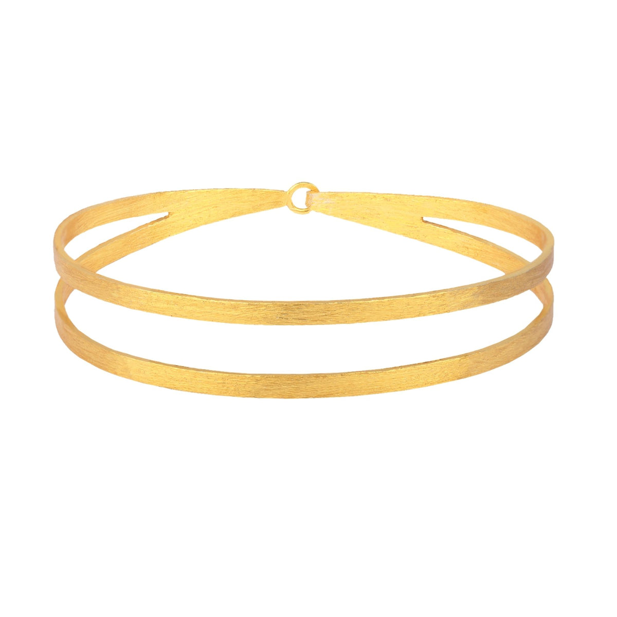 Double band cuff bracelet in gold with two hand-brushed parallel bands on a white background