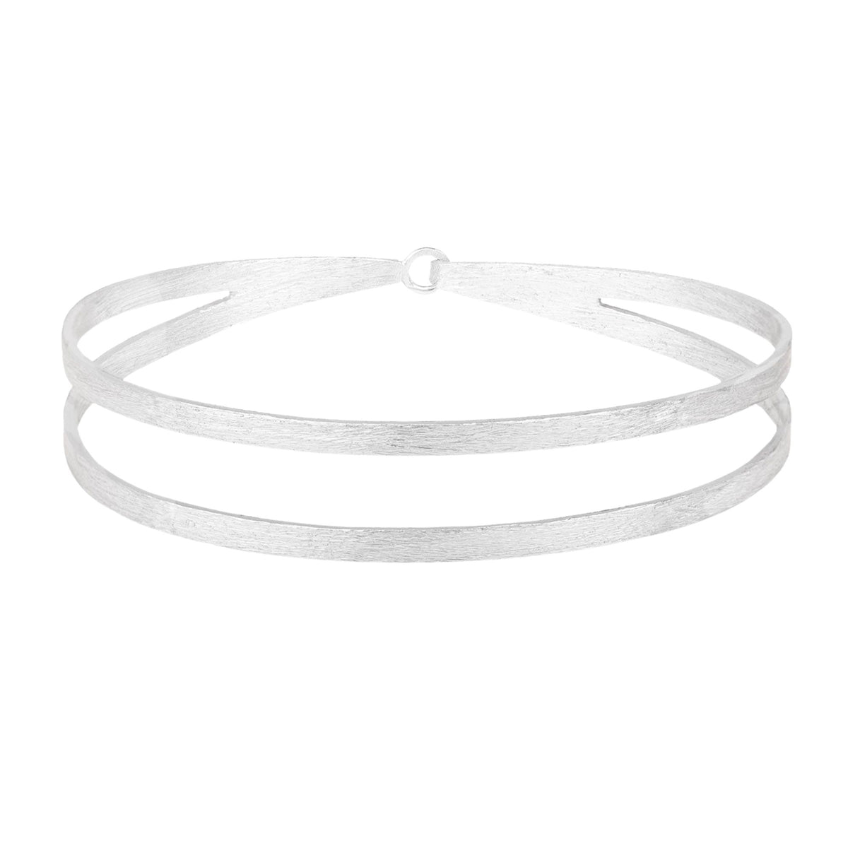 Double band cuff bracelet in silver with two hand-brushed parallel bands on a white background