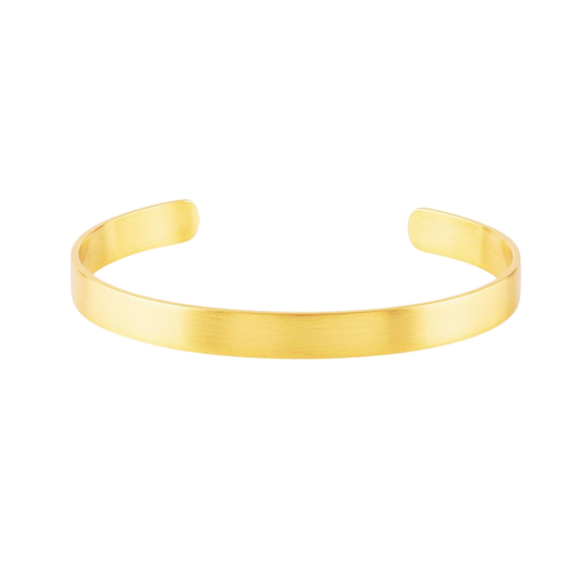 Signature flat cuff bracelet in gold, a single brushed open band, on a white background