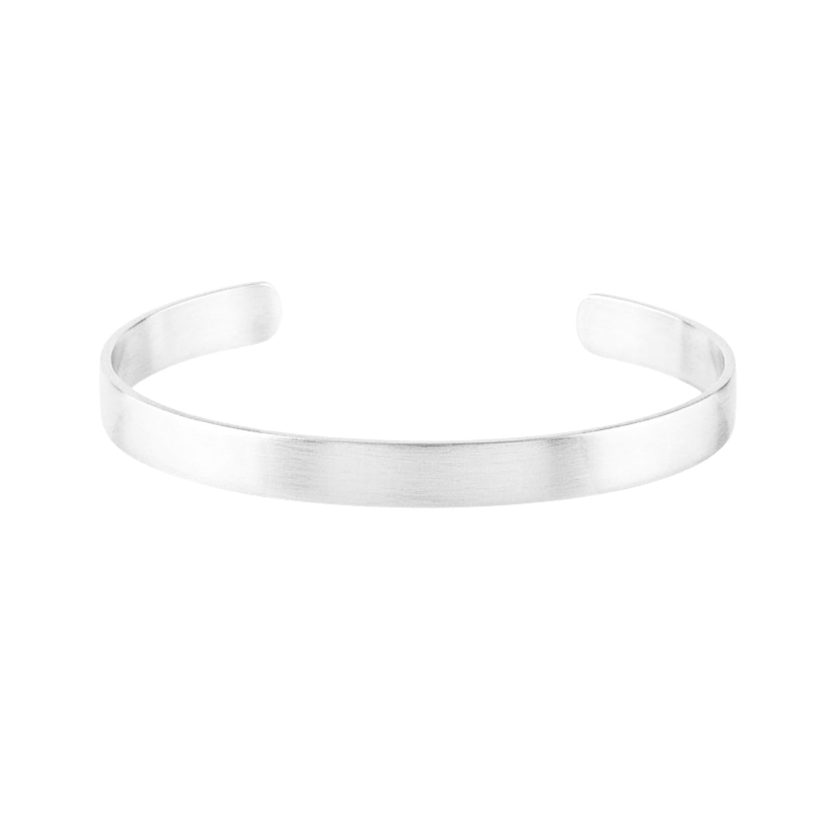 Signature flat cuff bracelet in silver, a single brushed open band, on a white background
