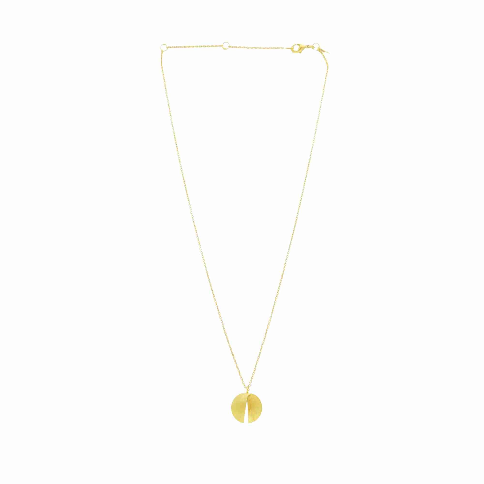 Gold Split-Disc Pendant Necklace; circular folded pendant in 22K gold plated 925 Silver with a brushed-satin finish and adjustable chain, by Protsaah Zurich.recycled silver.