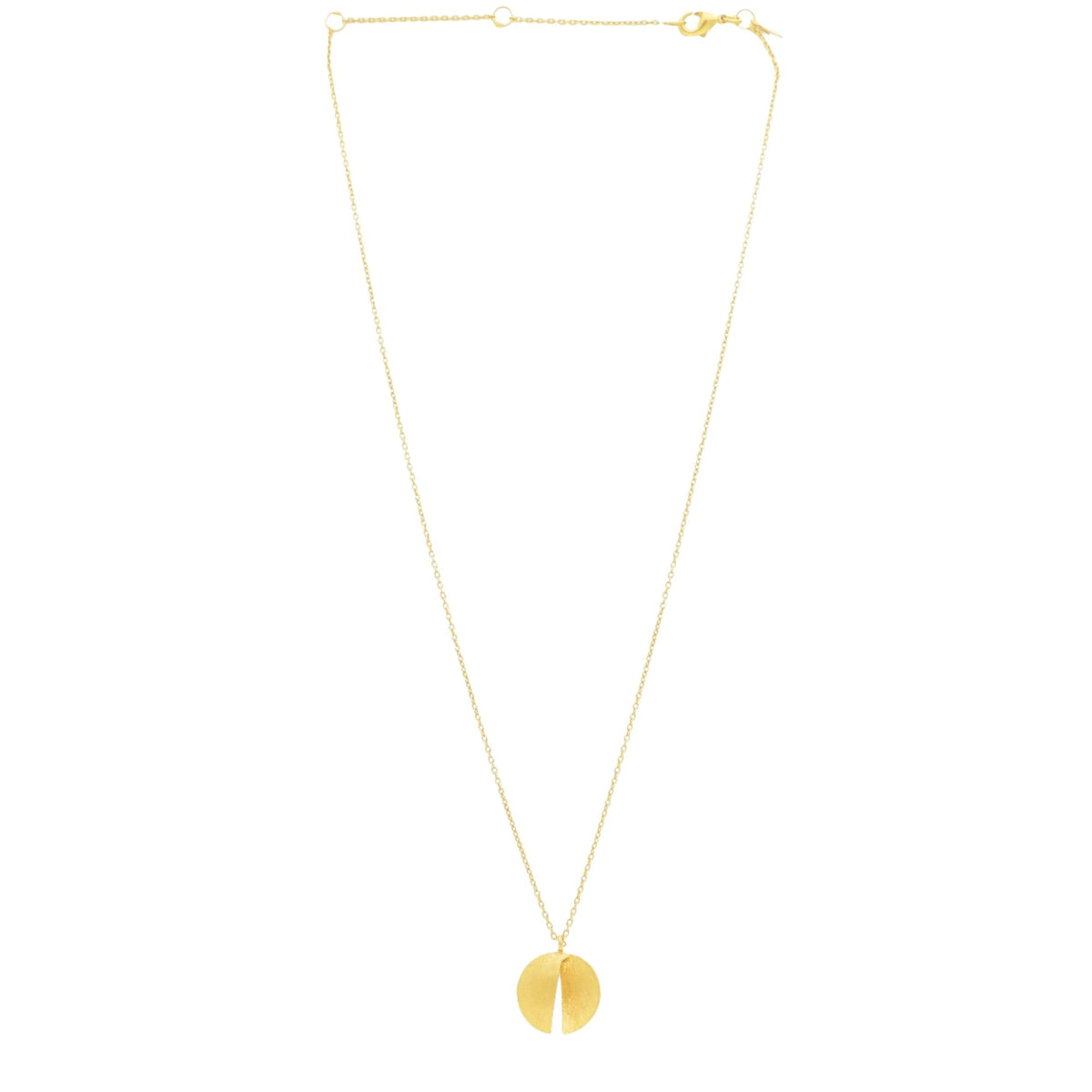 Split-disc pendant necklace in gold with a folded hand-brushed disc on a white background