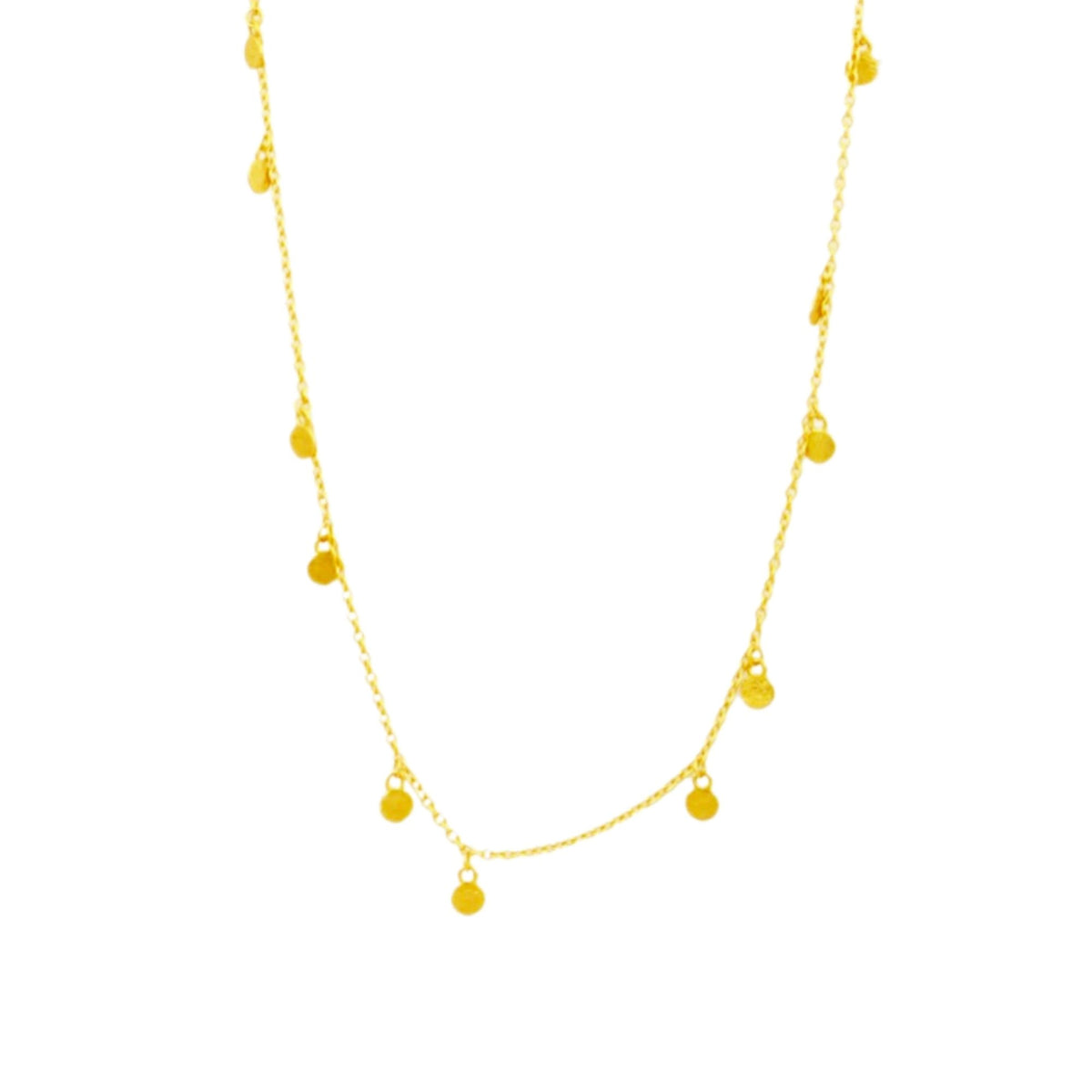 Long disc chain necklace in gold with tiny hand-brushed discs along a fine chain on a white background
