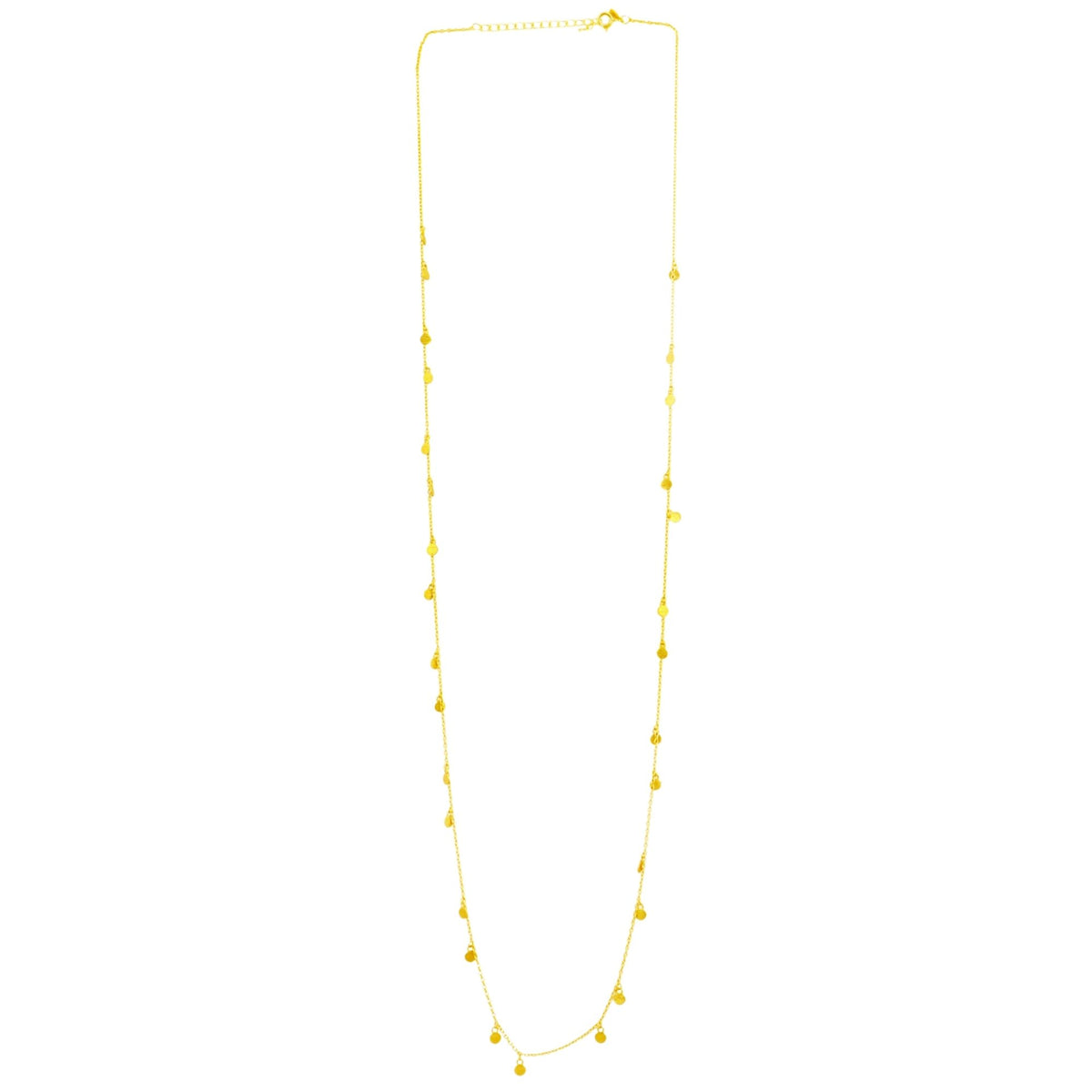 Lower loop of gold long disc chain necklace with tiny hand-brushed discs spaced along a fine chain