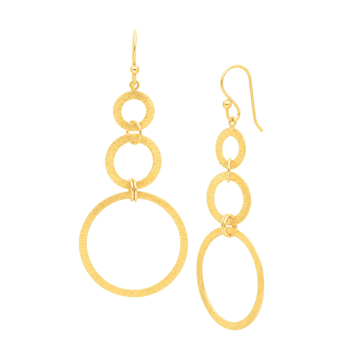 Triple Circle Drop statement earrings in gold with a hand-brushed finish on a white background