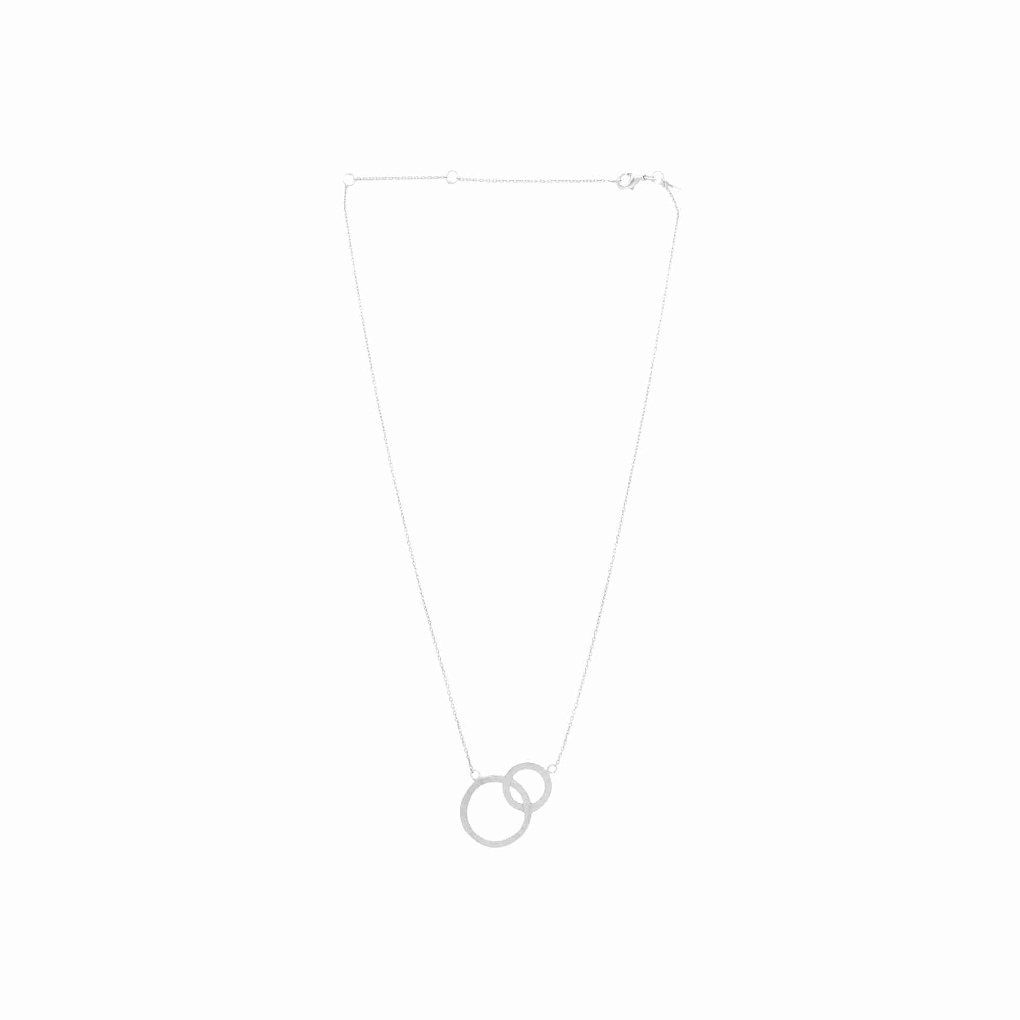 Shimmering Disks Silver Interlinked Necklace; delicate chain design with two interlinked circular stations and a signature brushed-satin finish over 92.5 recycled silver.
