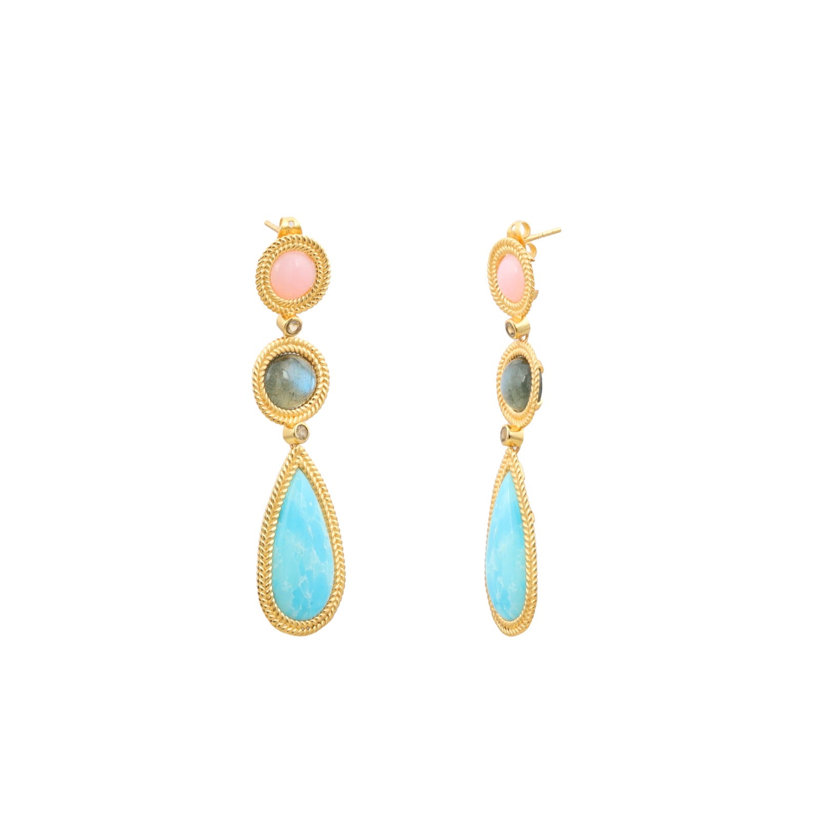 Ribbons & Lace Trio Gemstone Statement Earrings - Pink Opal/ Labradorite/ Larimar