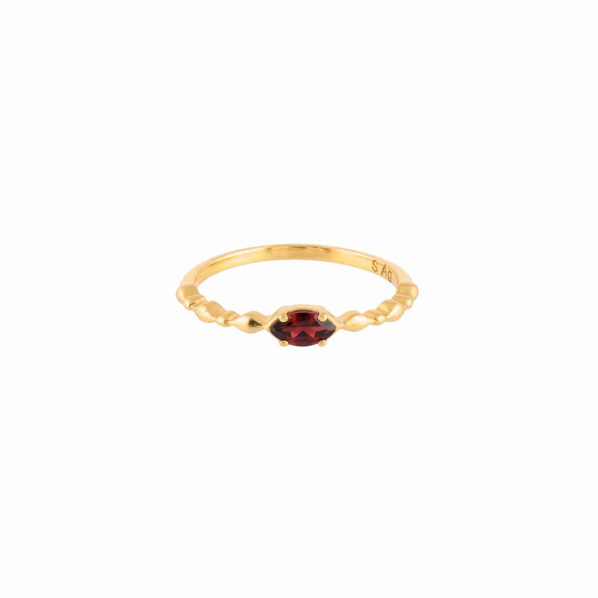 Product picture displaying a front studio view of the Delicate Vintage Dainty Marquise Garnet Ring Gold against a plain white background, referencing file name RN-040-AU-GN.jpg. The piece showcases a horizontally set, faceted marquise-cut natural deep red Garnet gemstone resting centrally on a slim, tapered bubble-beaded 22K gold vermeil band by Protsaah Zurich.