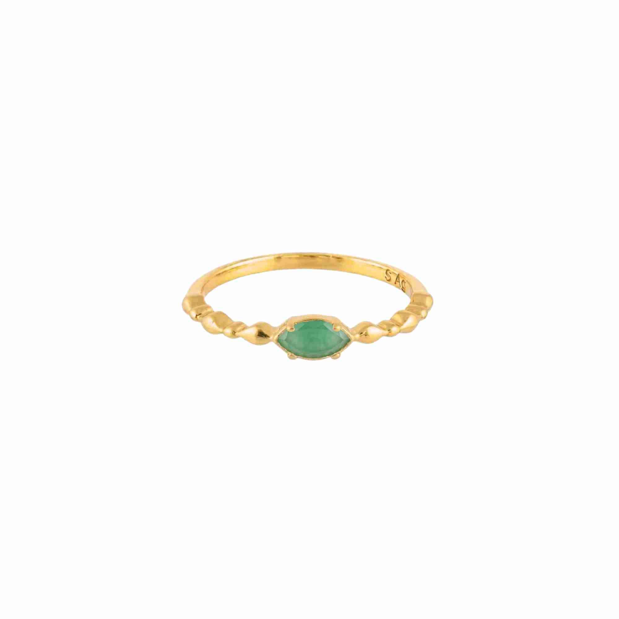 Product picture displaying a front studio view of the Delicate Vintage Dainty Marquise Nephrite Ring Gold against a plain white background, referencing file name RN-040-AU-NFR_2.jpg. The piece showcases a horizontally set, faceted marquise-cut natural green Nephrite Jade gemstone resting centrally on a slim, tapered bubble-beaded 22K gold vermeil band by Protsaah Zurich.