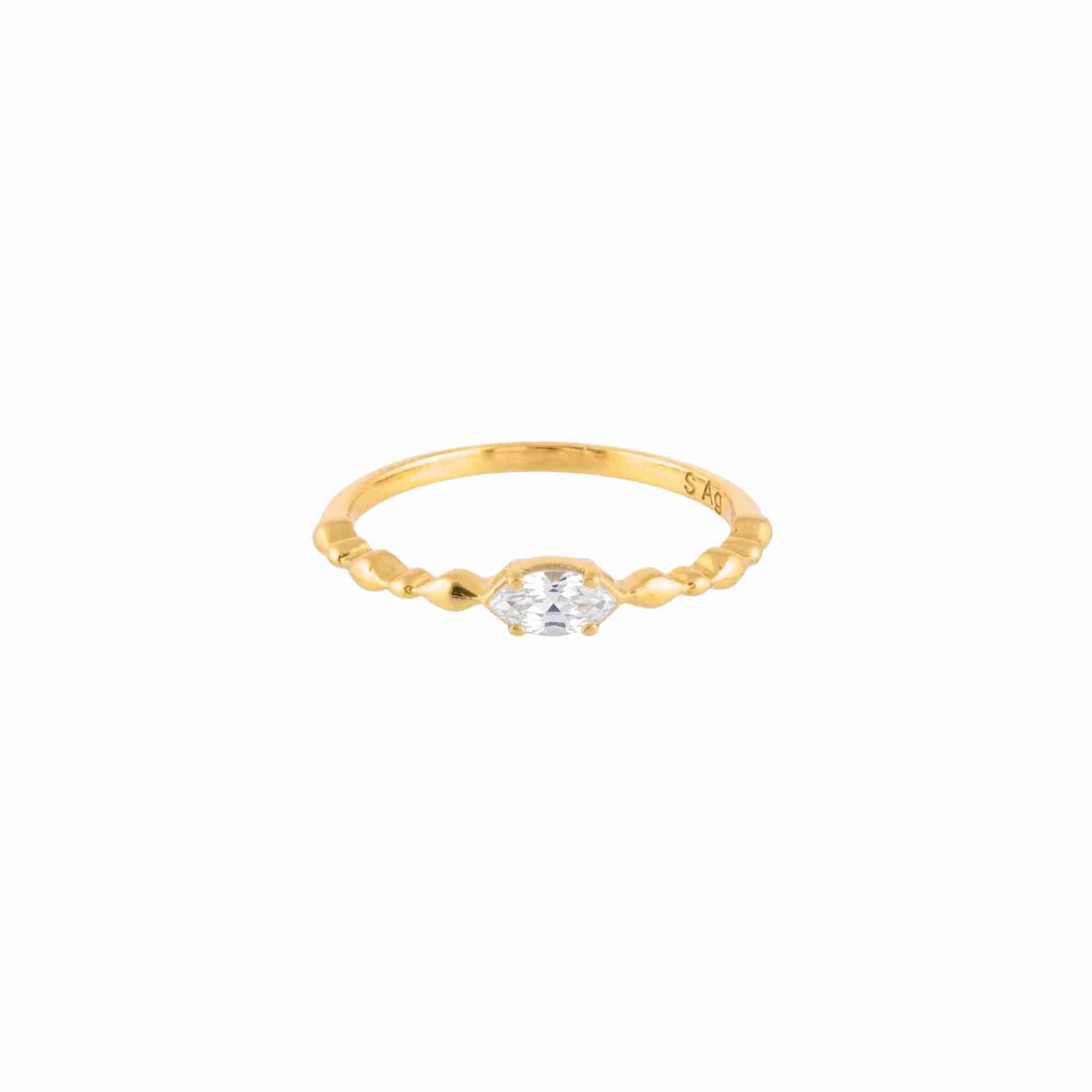 Product picture displaying a front studio view of the Delicate Vintage Dainty Marquise White Topaz Ring Gold against a plain white background, referencing file name RN-040-AU-WT_2.jpg. The piece showcases a horizontally set, brilliant marquise-cut natural clear White Topaz gemstone resting centrally on a slim, tapered bubble-beaded 22K gold vermeil band by Protsaah Zurich.