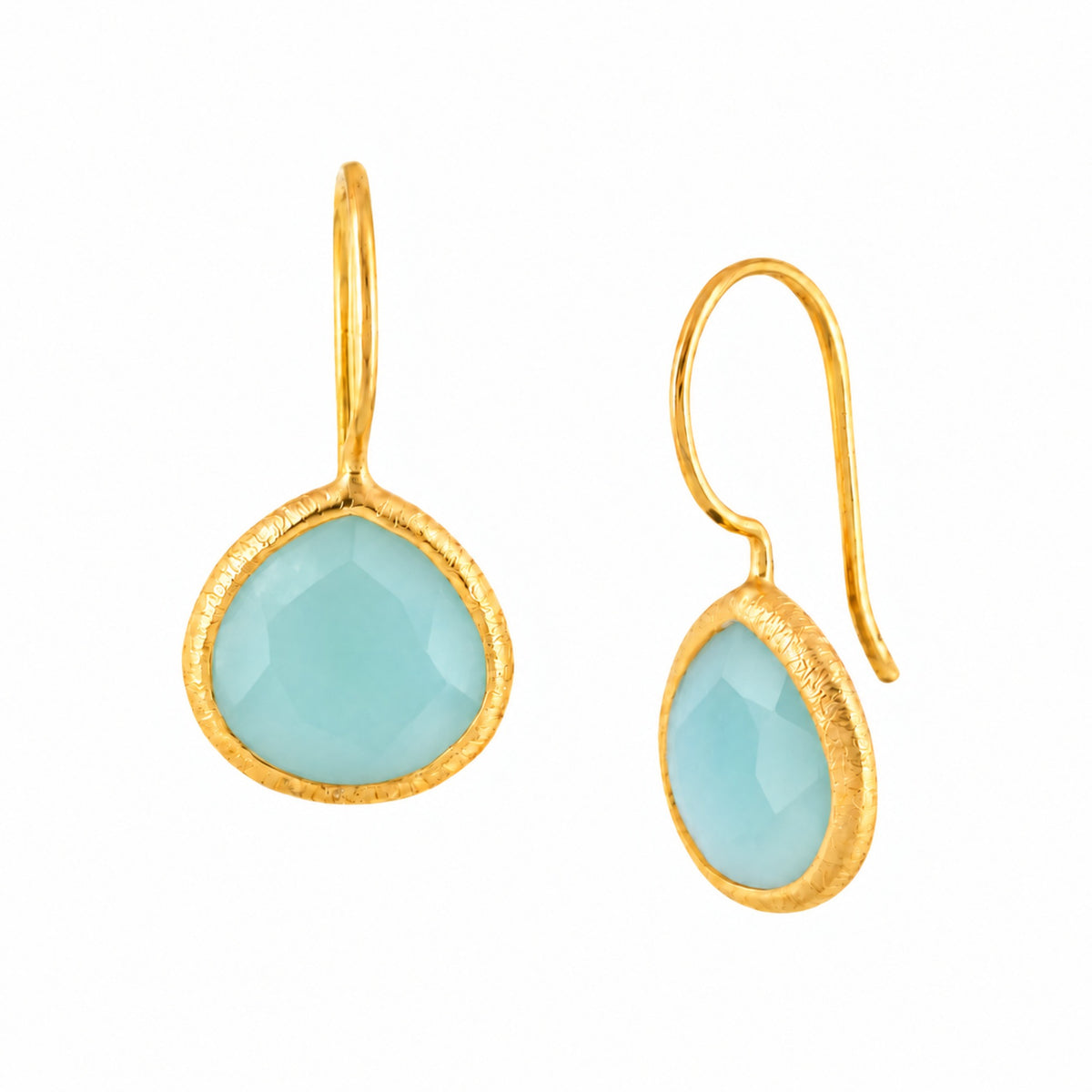 Faceted aqua chalcedony heart drop earrings in a brushed gold bezel on wire hooks on a white background