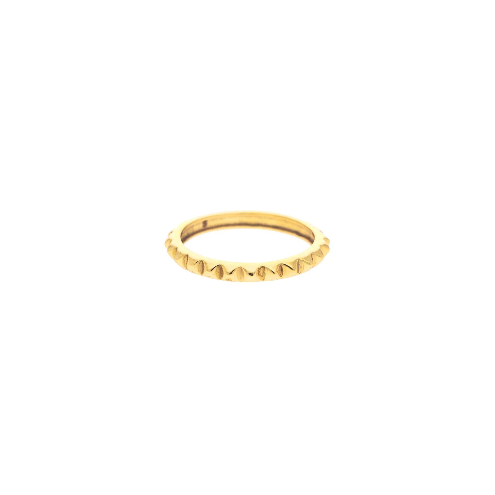 Geo Glam Studded Eternity Band Ring in 22K gold-plated recycled 925 sterling silver showing a direct front view highlighting the faceted pyramid texture.