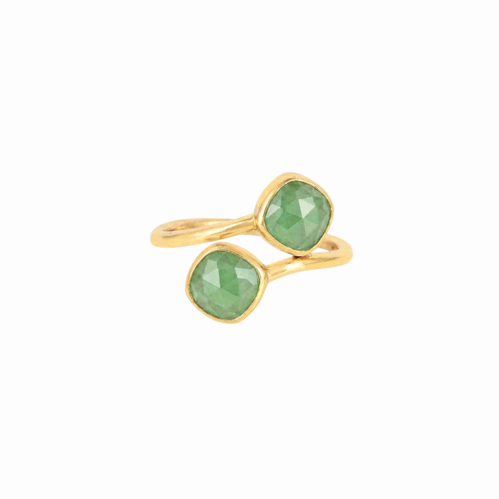Product picture showing a straight front view of the Geo Glam Toi et Moi Nephrite Ring Gold on a plain white background, highlighting the asymmetrical layout of the twin checkered, cushion-cut light green Nephrite jade stones on the polished golden bypass band by Protsaah Zurich.