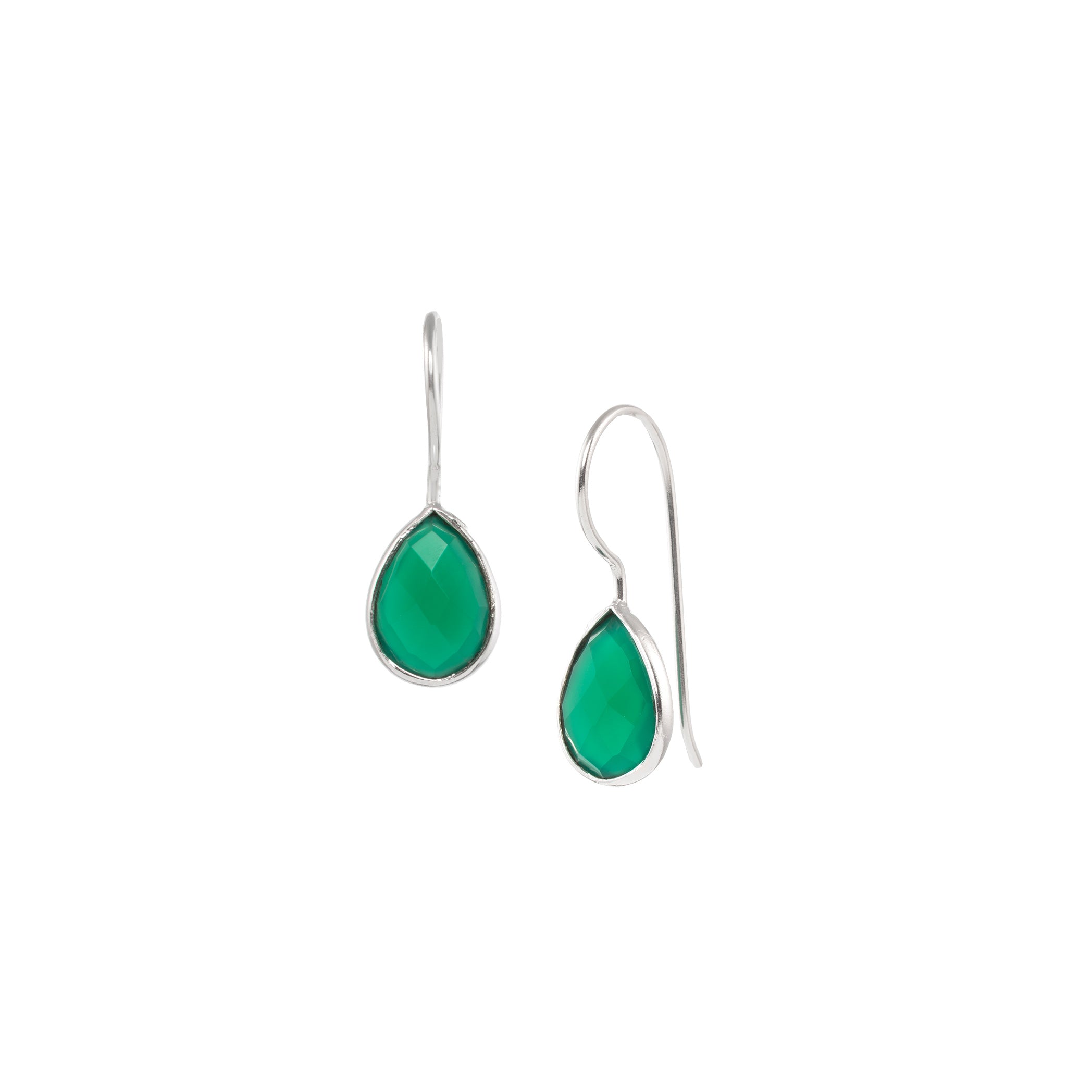 Dew Drops Green Onyx Teardrop Earrings Drop Earrings Silver — faceted pear-cut rich green onyx gemstone bezel-set on a continuous silver ear hook — Protsaah.
