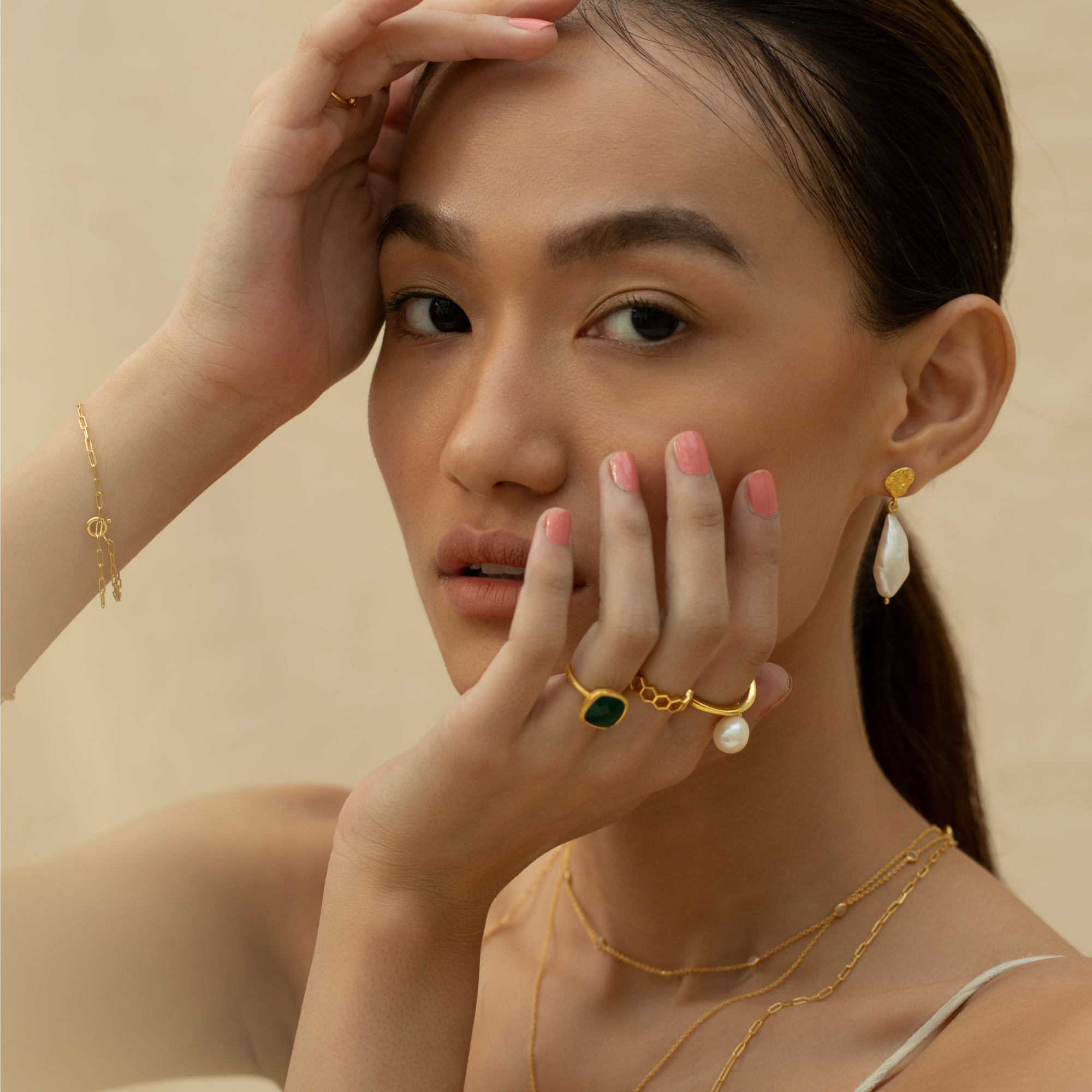 Pearls Galore Molten Stud with Drop Earrings Gold