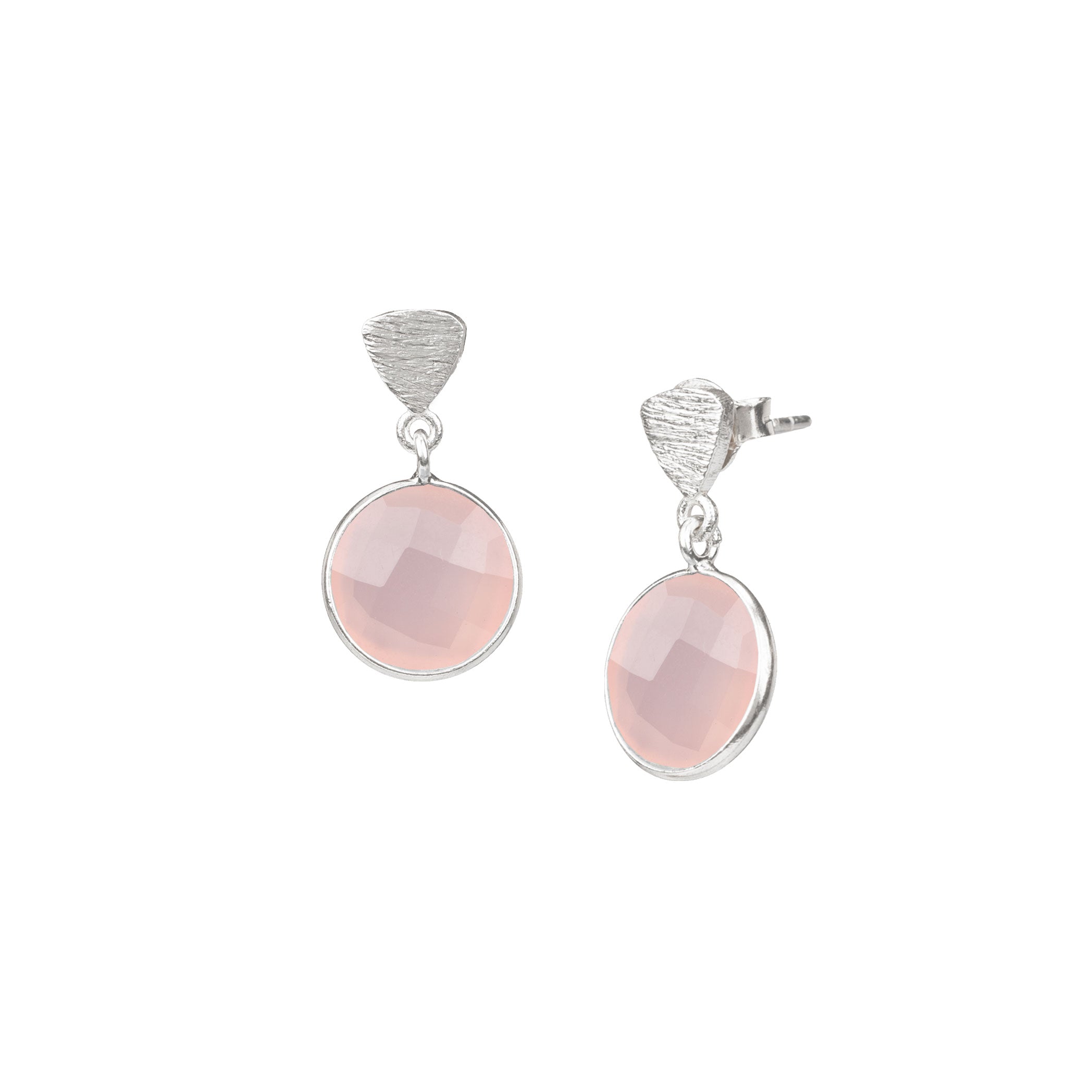 Studio product photography of the Protsaah Geo Glam Triangle Pink Chalcedony Drop Earrings in Silver, showing the round translucent blush pink gemstone dropping from a textured, matte silver triangle stud.