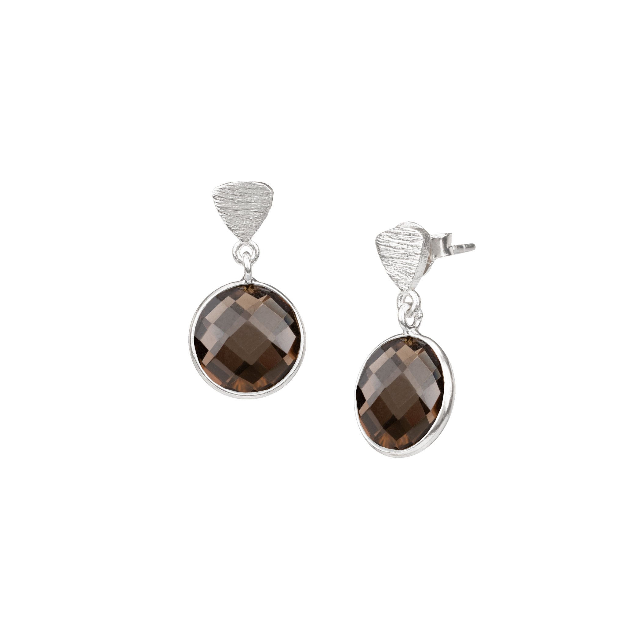 Studio product photography of the Protsaah Geo Glam Triangle Textured Smoky Quartz Drop Earrings in Silver (SKU: ER-DP-011-AG-SQ), showing the round rich brown smoky quartz stone dropping from a textured, matte silver triangle stud.