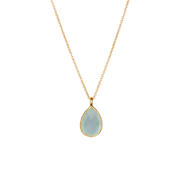 Dew Drops Aqua Calcedony Teardrop Stone Necklace Gold