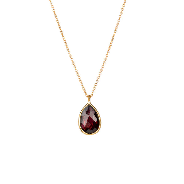 Dew Drops Garnet Teardrop Stone Necklace Gold