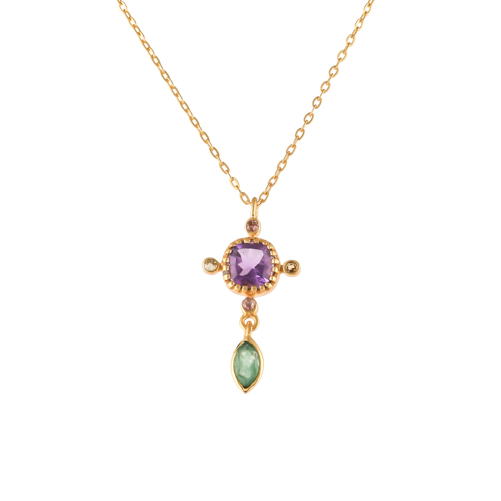 Kaleidoscope Amethyst, Nephrite & Citrine Drop Pendant Necklace in Gold