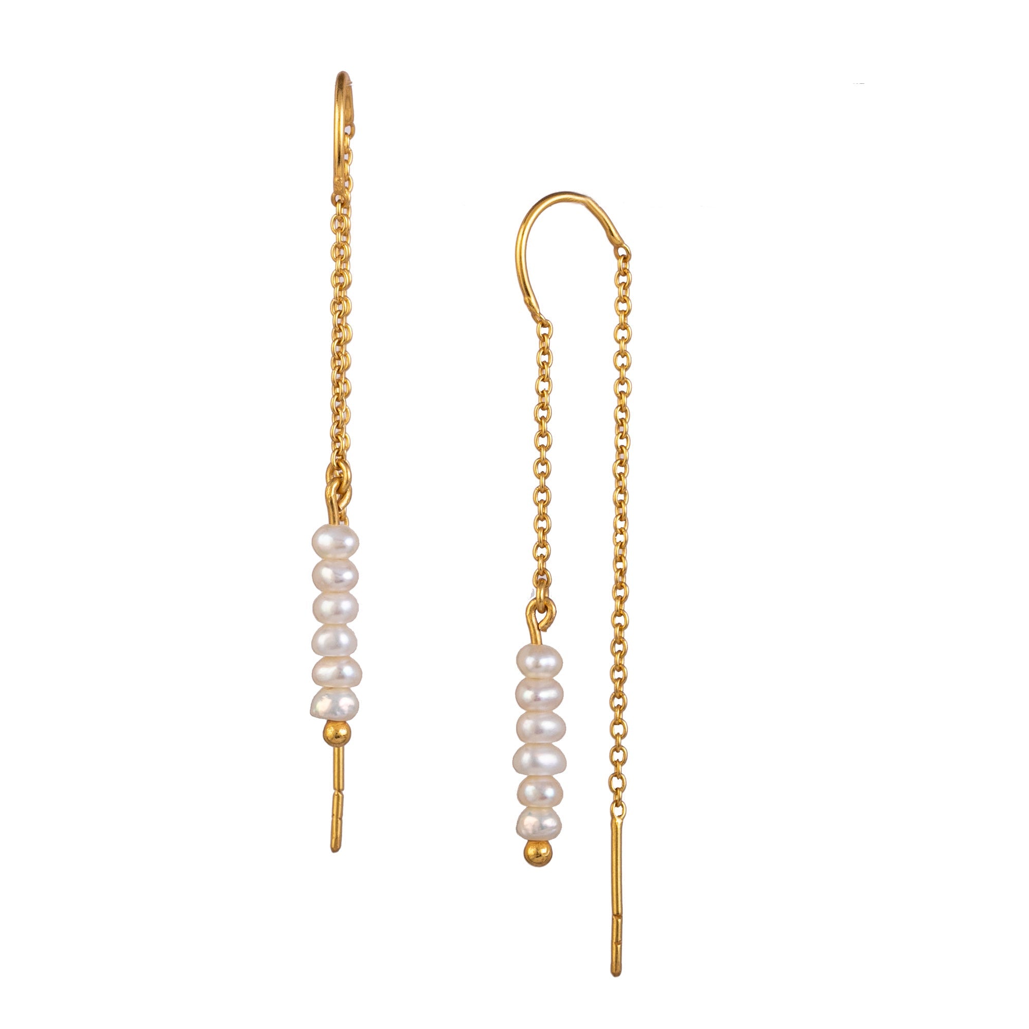 PEARLS GALORE Gold Threader Earrings; five stacked white seed pearls on a long gold vermeil chain threader, handcrafted by Protsaah Zurich.