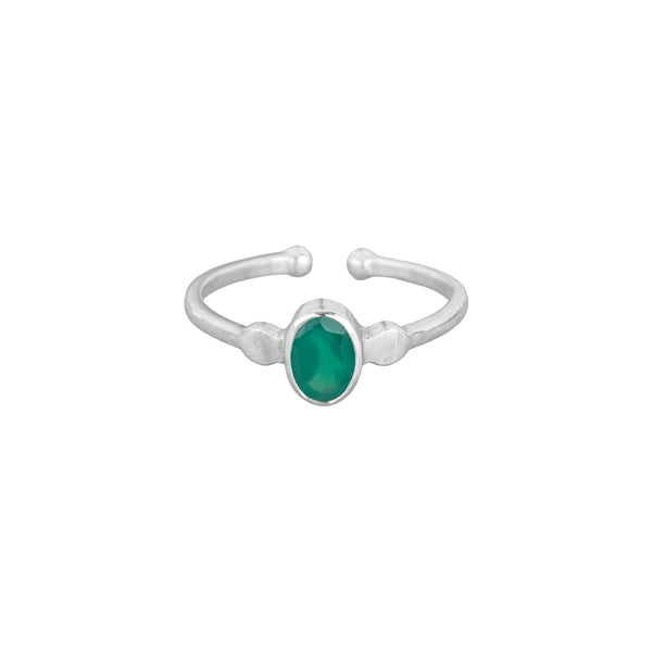 Dew Drops Small Oval Stone Adjustable Ring in Silver Green Onyx