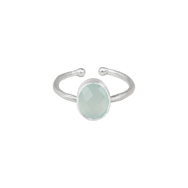 Dew Drops Oval Stone Adjustable Ring in Silver Aqua Calcedony