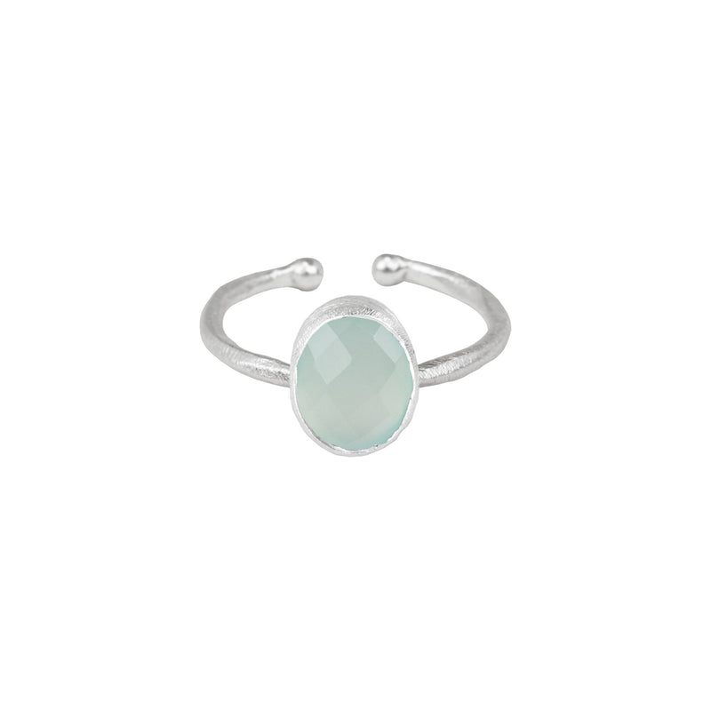 Dew Drops Oval Stone Adjustable Ring in Silver Aqua Calcedony