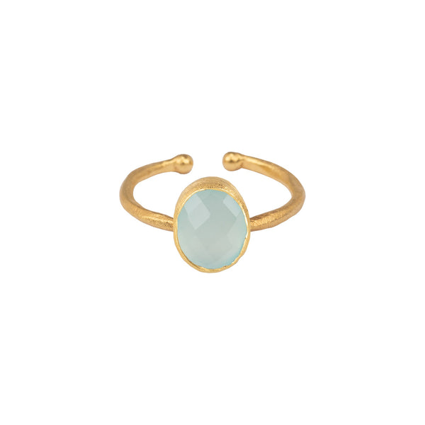 Dew Drops Oval Stone Adjustable Ring in Gold Aqua Calcedony
