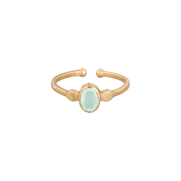 Dew Drops Small Oval Stone Adjustable Ring in Gold Aqua Calcedony