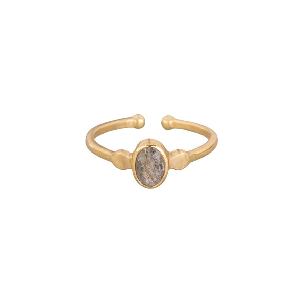 Dew Drops Small Oval Stone Adjustable Ring in Gold Labradorite