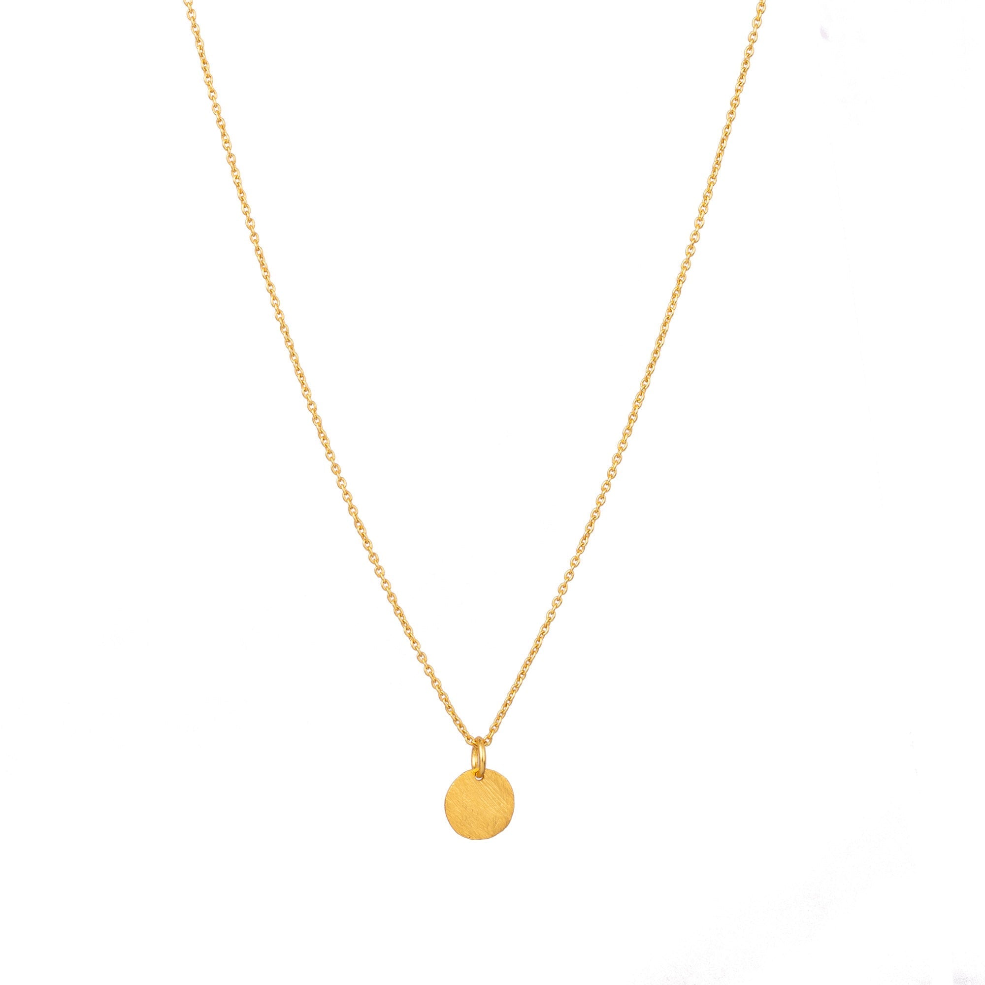 Shimmering Disks Gold Pendant Necklace; minimalist single 10mm disc design with a signature brushed-satin finish over 92.5 recycled silver.