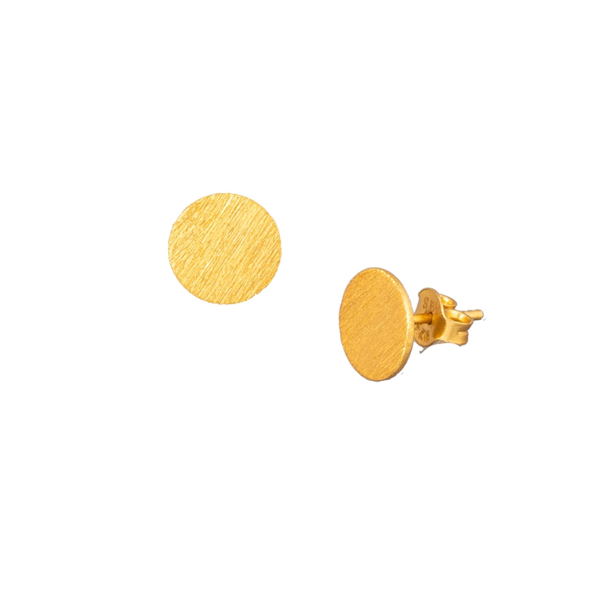 Shimmering Disks Gold Studs; minimalist circular earrings with a signature brushed-satin gold finish over 92.5 recycled silver.