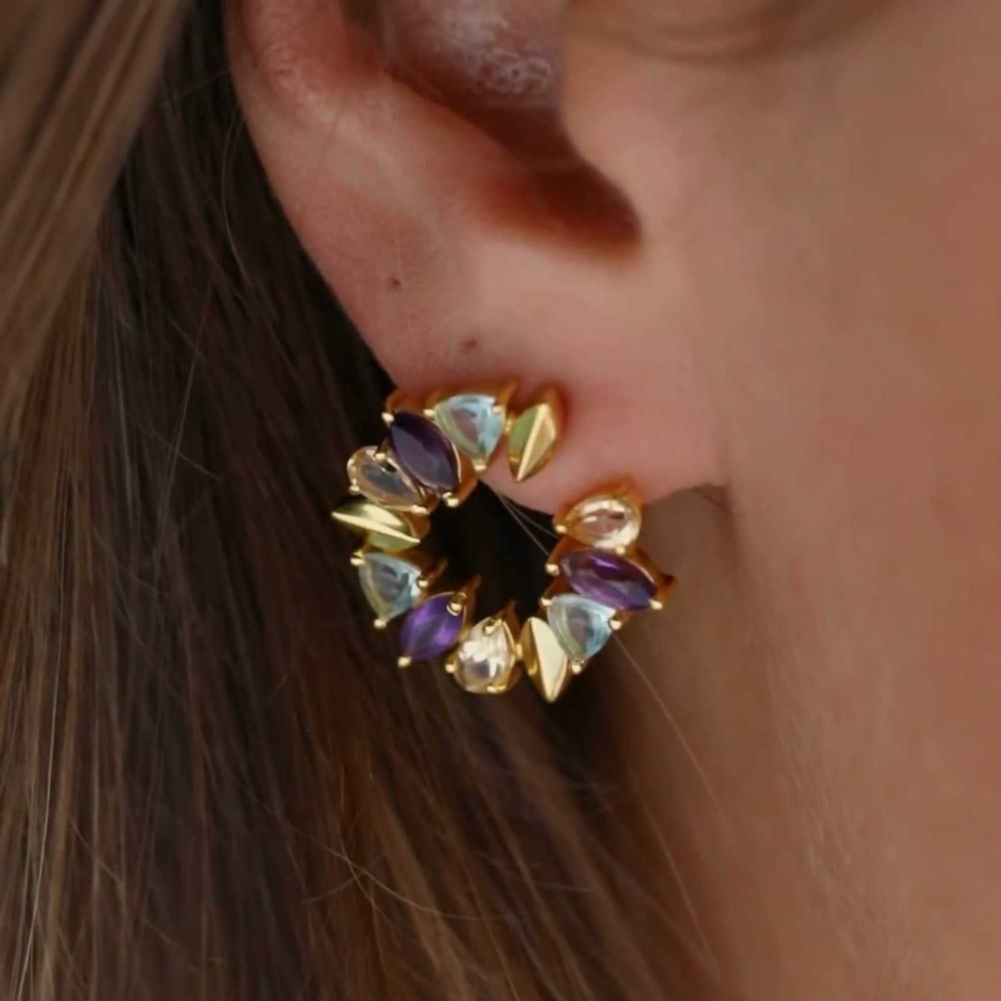 Kaleidoscope Arc Blue Topaz, Amethyst and Citrine Statement Earrings Silver