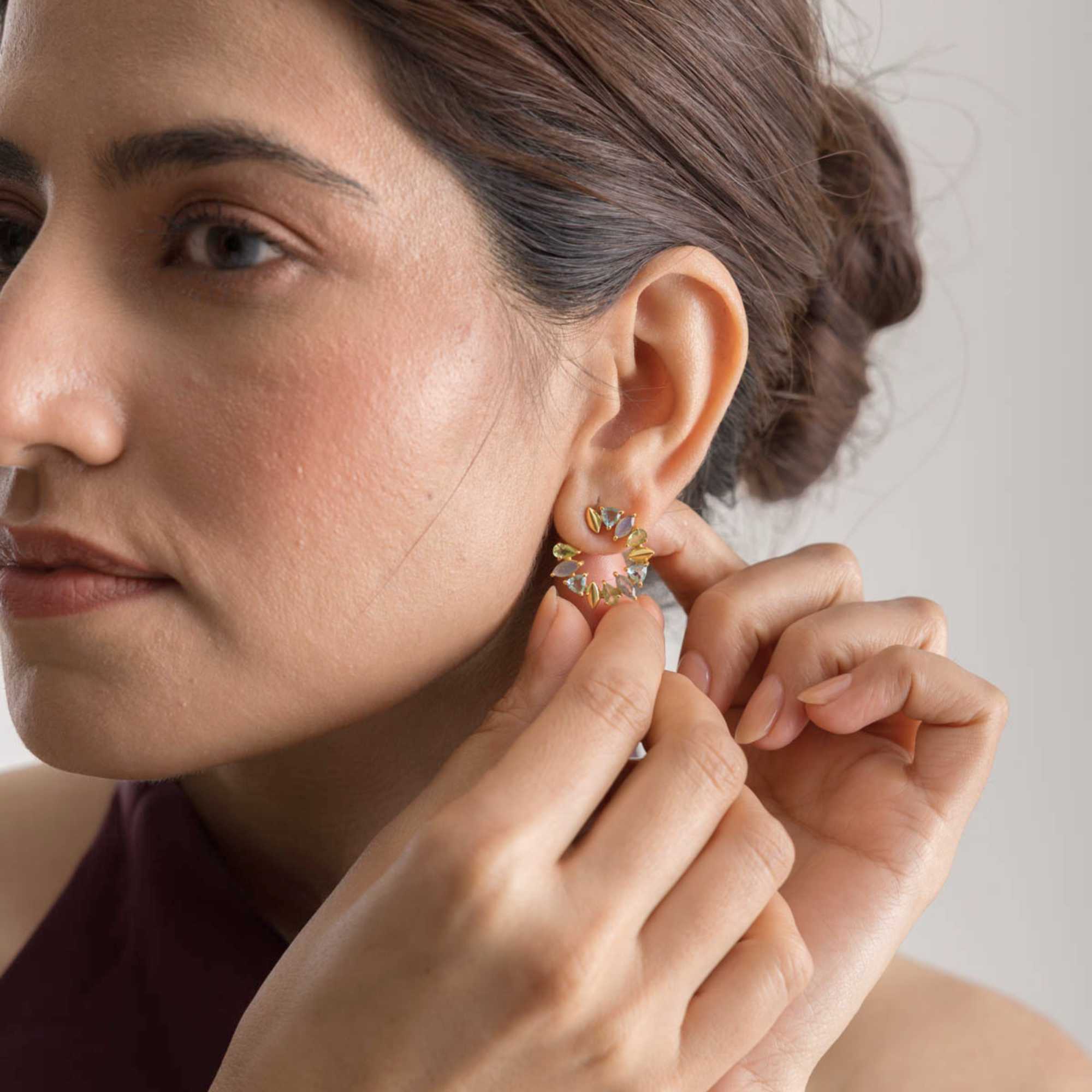 Kaleidoscope Arc Blue Topaz, Amethyst and Citrine Statement Earrings Gold