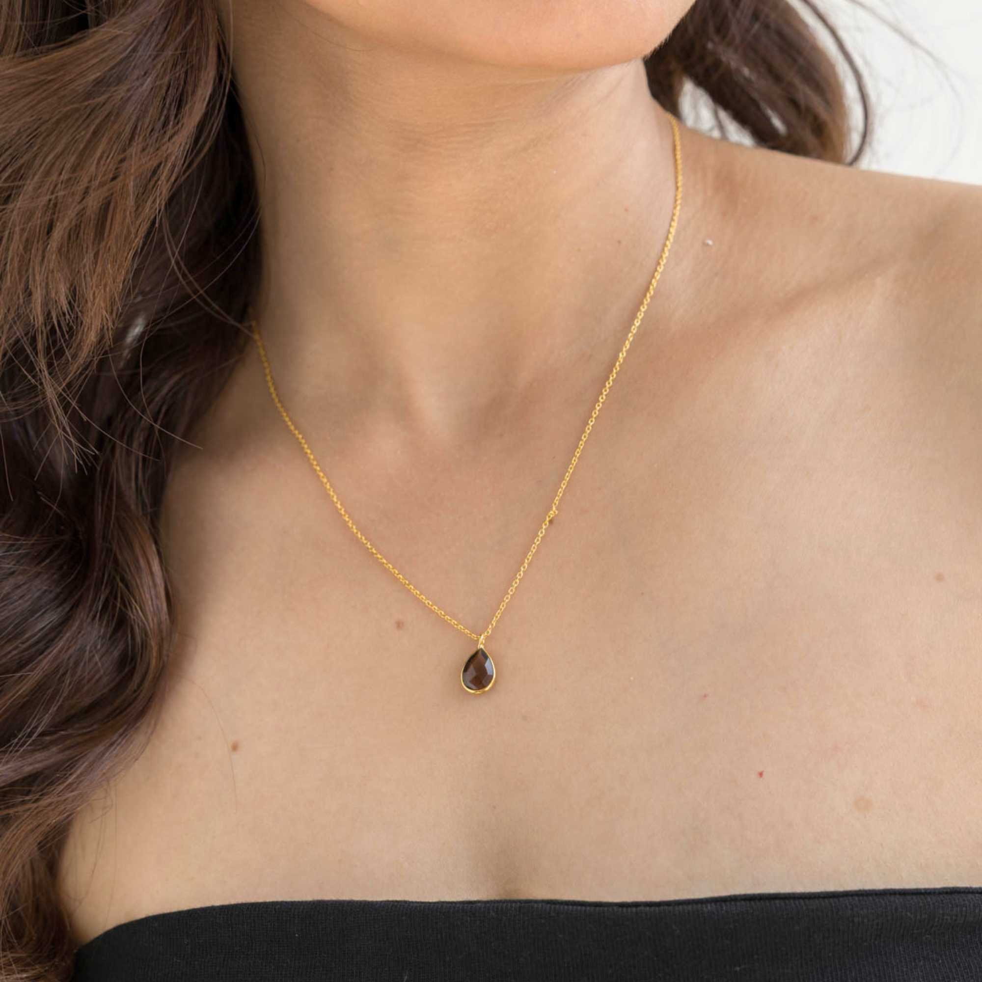 Collier Pendentif Goutte Dew Drops Quartz Fumé Or