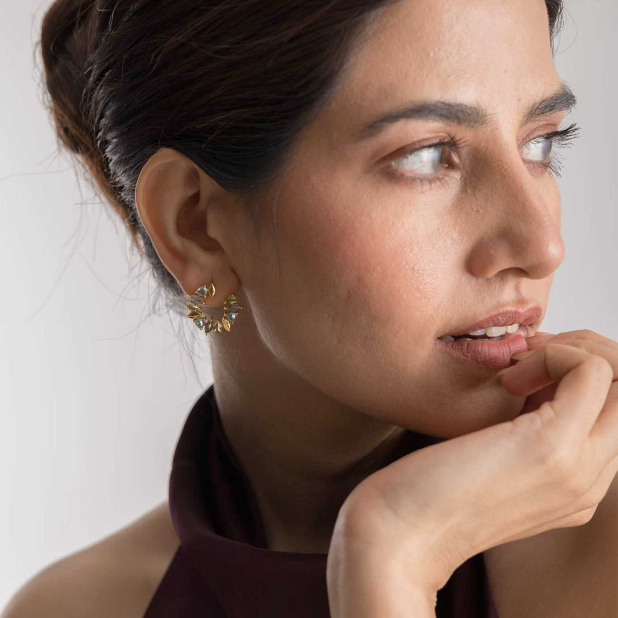 Kaleidoscope Arc Blue Topaz, Amethyst and Citrine Statement Earrings Gold