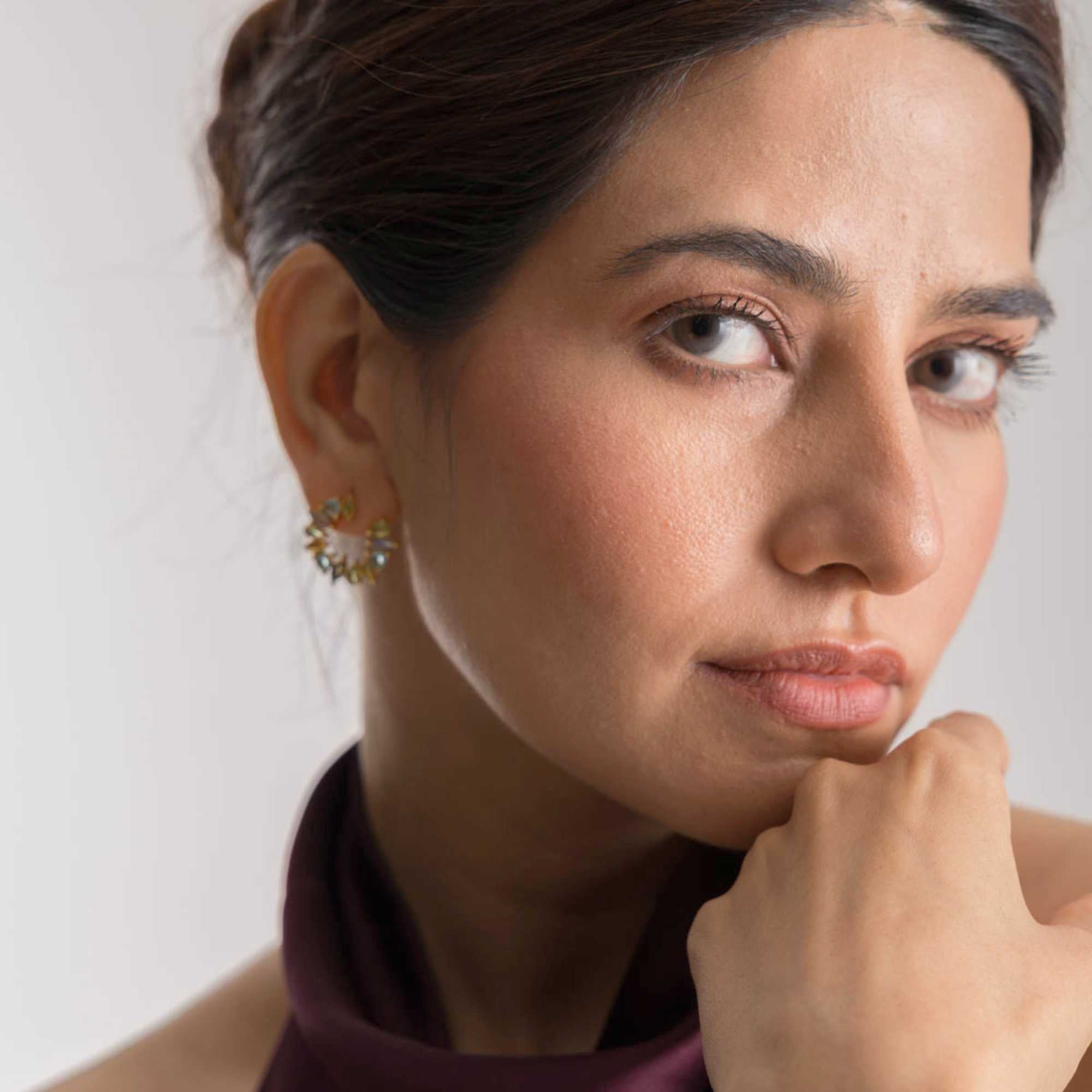 Kaleidoscope Arc Blue Topaz, Amethyst and Citrine Statement Earrings Gold