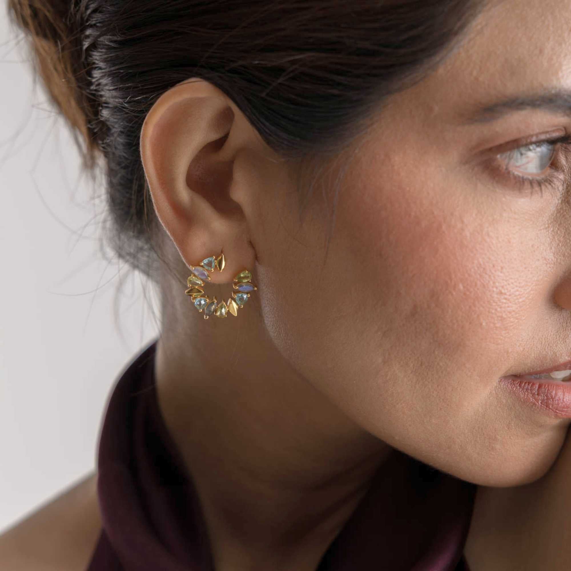 Kaleidoscope Arc Blue Topaz, Amethyst and Citrine Statement Earrings Gold
